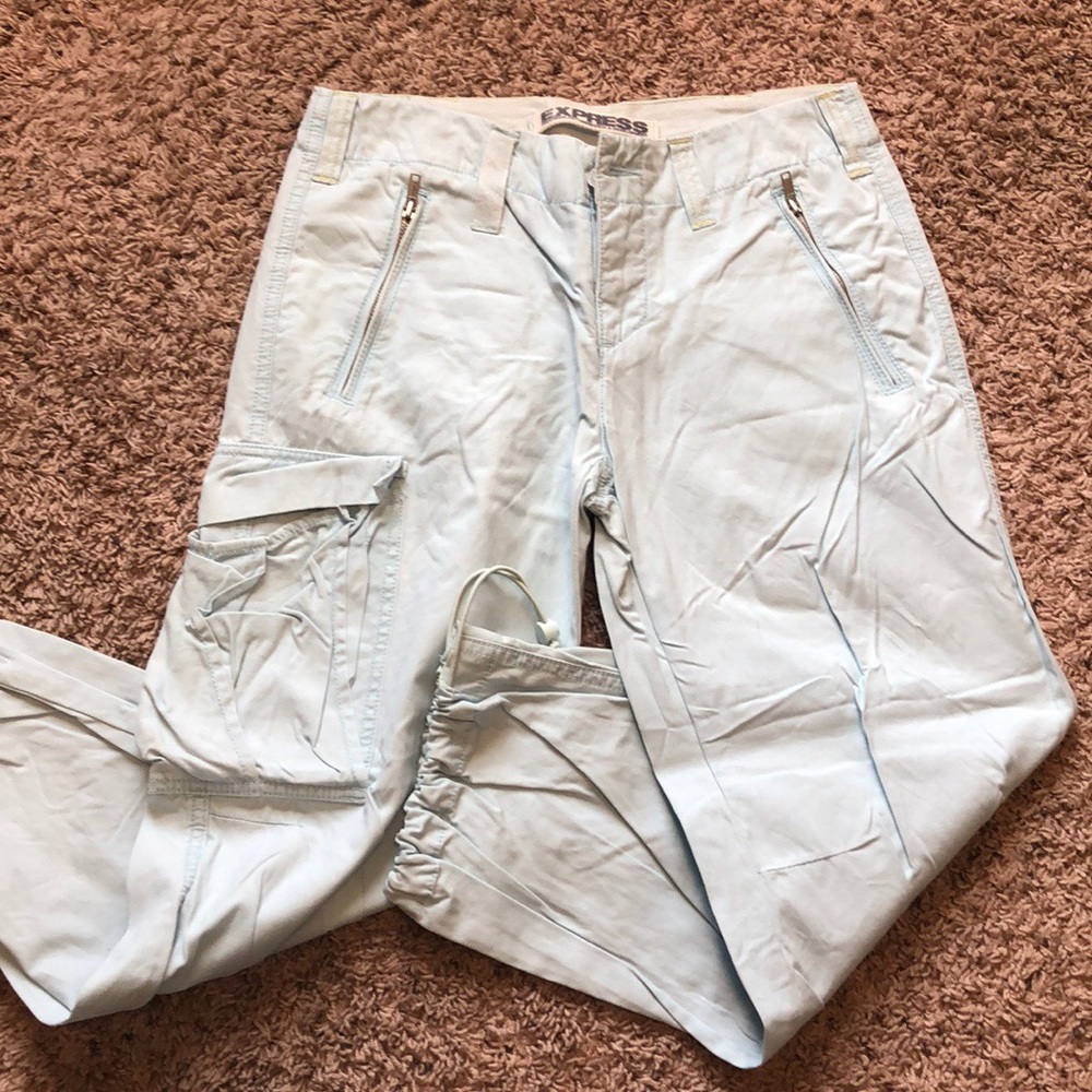 Light blue cropped cargo pants.